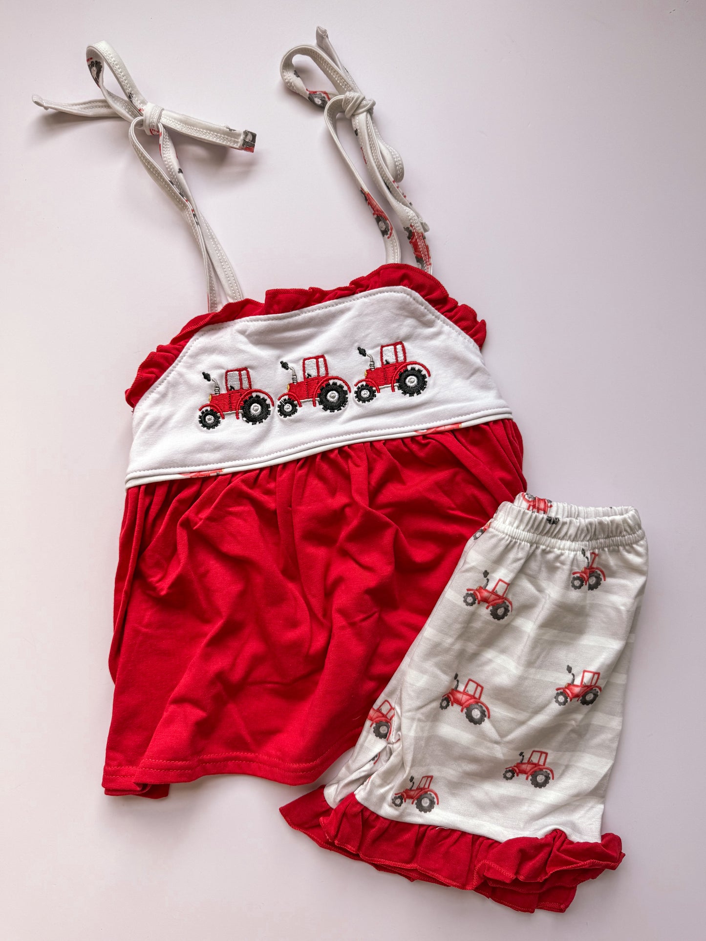 Red tractor ruffle short set