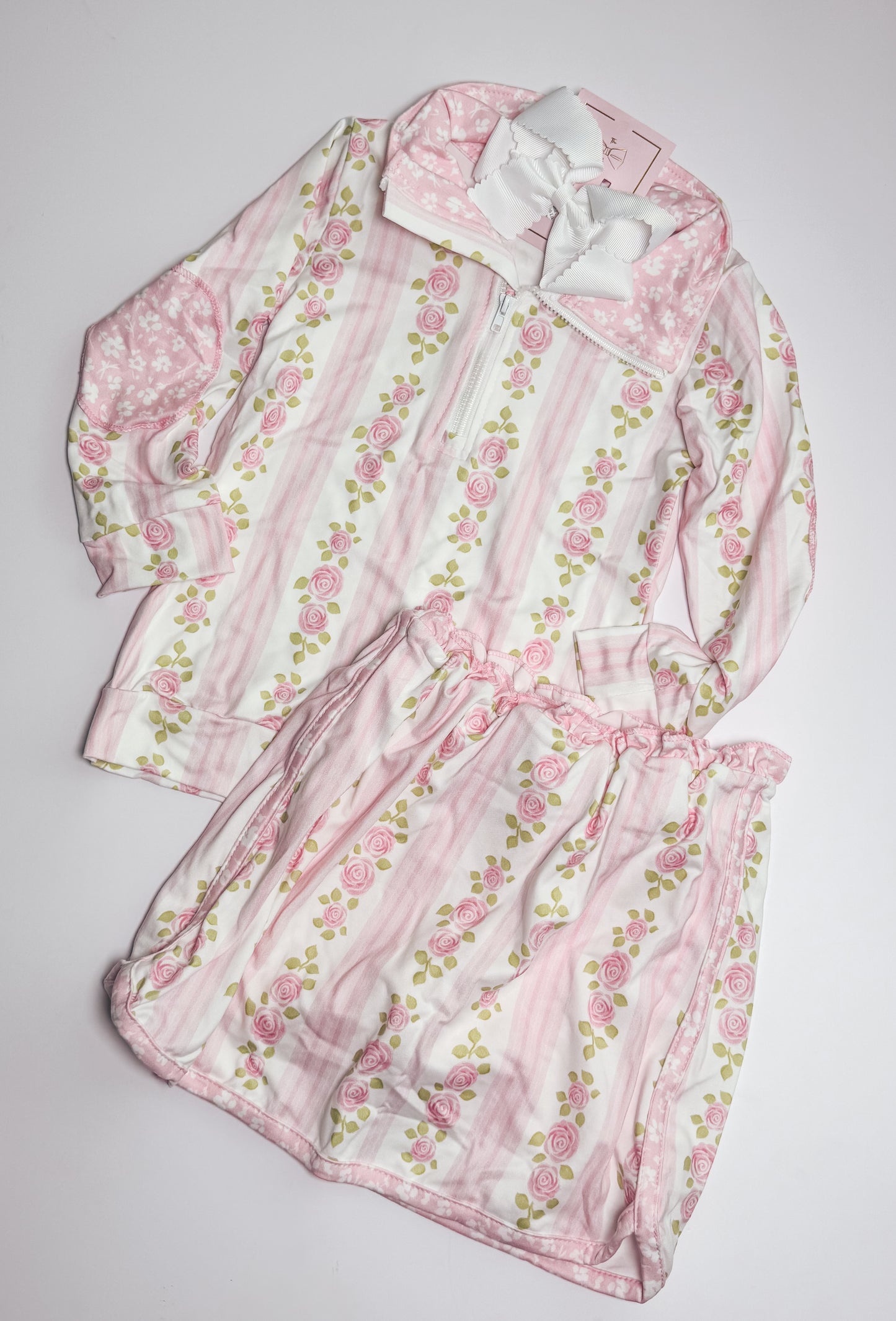 Girls Pink Floral Quarter Zip Pullover & Skort Set