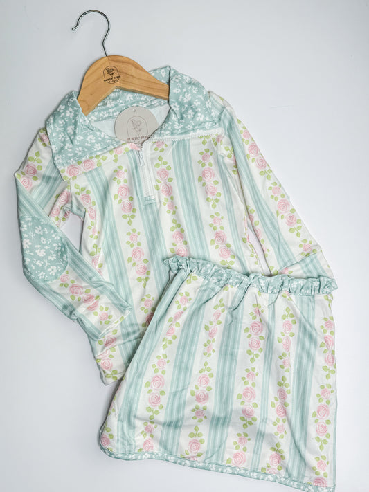 Girls Mint Floral Quarter Zip Pullover & Skort Set