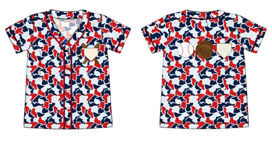 Red/blue baseball button up (PO4 ETA- April)