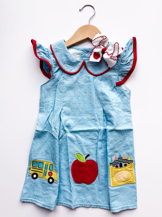 Blue swiss dot apple applique dress