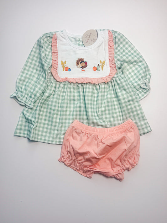 Sage turkey embroidered bloomer set